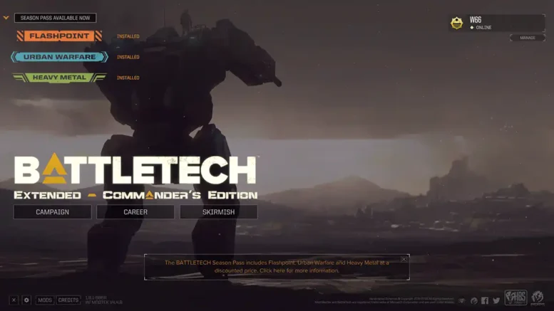 BattleTech by HBS running the BattleTech Extended 3025-3061 mod I probably got from Mods in Exile after watching a video to get it all properly installed.